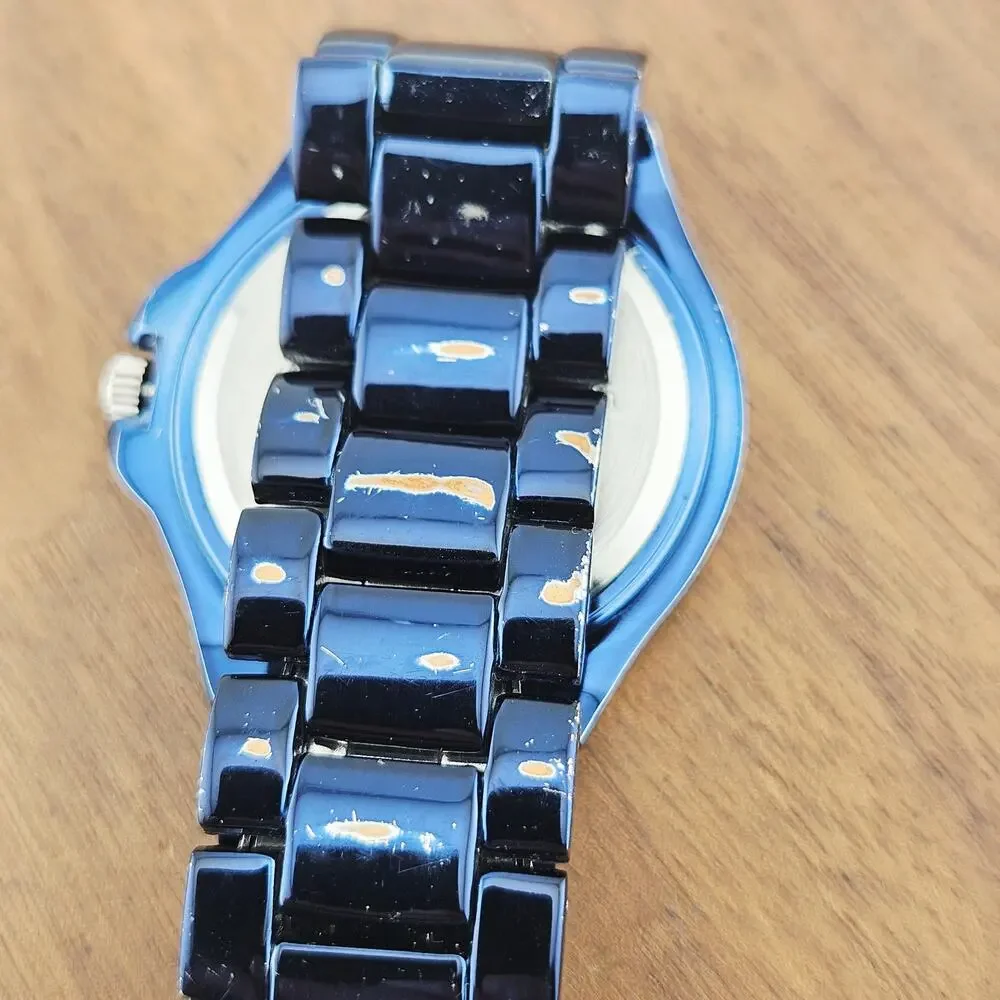 Scoop Women's Rhinestone Dial Boyfriend Watch Blue Metallic Bold Maximalist SNY1